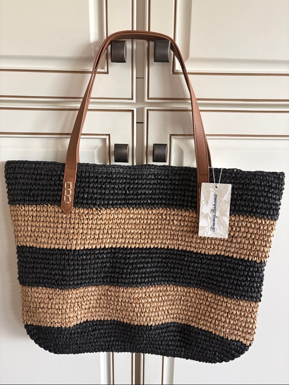 NWT Tommy Bahama Striped Woven Tote Bag with Shoulder Handles - Black & Tan